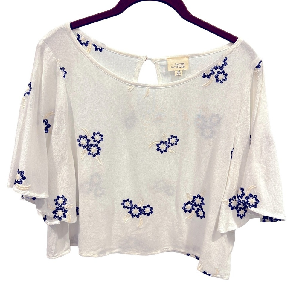 Caution To The Wind Anthropologie Floral Embroidered Crop Blouse Flutter Sleeve‎